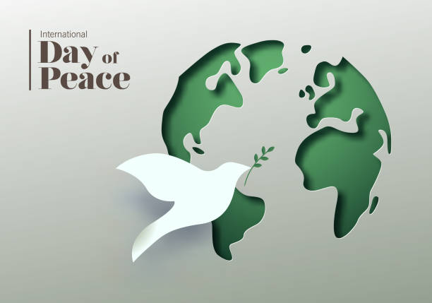 International day of peace vector card illustration. 3D papercut world map and white dove bird symbol. Graphic design to celebrate the ideals of peace, respect, non-violence and cease-fire.